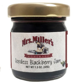 Mrs. Miller's Seedless Blackberry Jam F04-0070339-3200 - 1.5 oz seedless blackberry jam in glass jar. A convenient travel size for on the go.