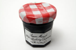 Bonne Maman Wild Blueberry Preserves - jar F04-1044426-3100 - 1 oz wild blueberry preserve in glass jar. From France. A convenient travel size for on the go.