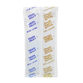 Diamond Crystal Peanut Butter & Grape Jelly (2.12 oz pouch) F06-0188902-1201-2 pouches. 1 peanut butter (1 oz.), 1 grape jelly (1.12 oz.).