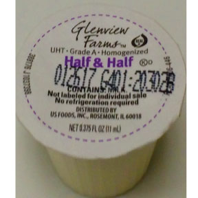 Glenview Farms Half & Half F07-0124302-0100 - 3/8 fl oz half and half in individual size cup. A convenient travel size for on the go. No refrigeration needed.