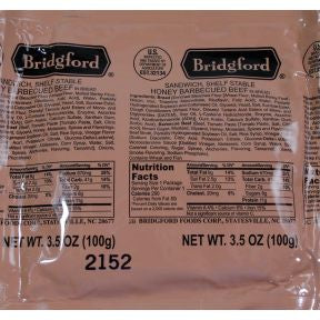 Bridgford Honey BBQ Beef Pocket Sandwich F10-0539104-8200 - 3.5 oz Shelf Stable Honey BBQ Beef Pocket Sandwich.