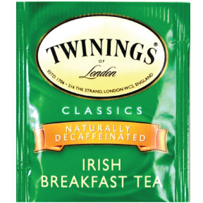 Twinings of London Irish Breakfast Decaffeinated Tea F20-1626905-0010 - Single tea bag in unsealed packet.