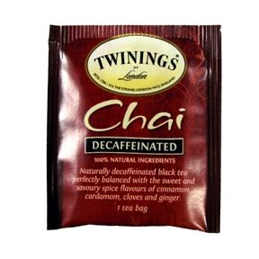 Twinings of London Decaffeinated Chai Tea F20-1626914-0010 - Single tea bag in sealed packet.