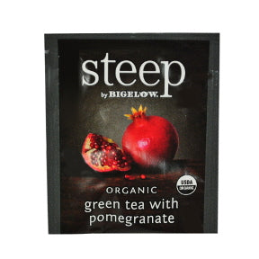 Steep by Bigelow® Organic Green Tea with Pomegranate F20-1723851-0000-a single tea bag in sealed packet.