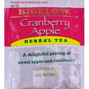 Bigelow Cranberry Apple Herb Tea F20-1823807-0000 - Single tea bag in sealed packet. Natural. No caffeine. A delectable blend of cranberries and sweet apples.