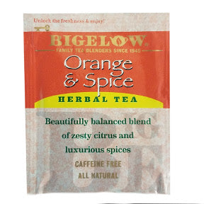 Bigelow Orange & Spice Herb Tea F20-1823813-0000 - Single tea bag in sealed packet. A flavorful blend of orange and spice. no caffeine.