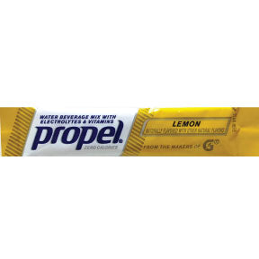 propel® Lemon F20-2354212-0100 -2.4g zero calorie packet. Add to 16.9 fl oz of water. Water beverage mix with electrolytes and vitamins.