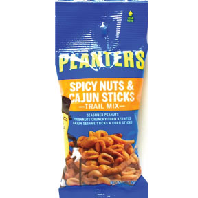 Planters® Trail Mix Spicy Nuts and Cajun F30-3109824-4300 - 2 oz. package. Seasoned Peanuts, cornnuts, crunchy corn kernels, Cajun sesame sticks, & corn sticks.