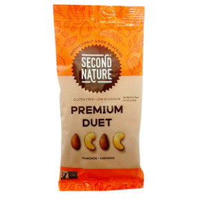 Second Nature® Premium Duet F30-3287203-4300-2.0 oz. package of whole cashews and almonds. Carefully selected, gently roasted and salted.