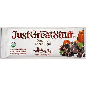 Betty Lous Just Great Stuff Bar Organic Cacao Acai F30-4032741-8200 - 1.5 oz bar. Gluten free. Vegan.
