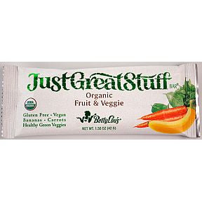 Betty Lous Just Great Stuff Bar Organic Fruit & Veggie F30-4032742-8200 - 1.5 oz bar. Gluten free. Vegan.