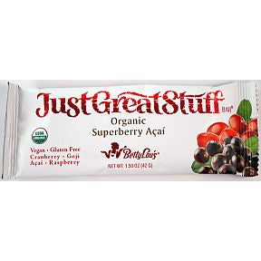 Betty Lou's Just Great Stuff Organic Superberry Acai bar F30-4032743-8200 - 1.5 oz bar. Gluten free. Vegan.