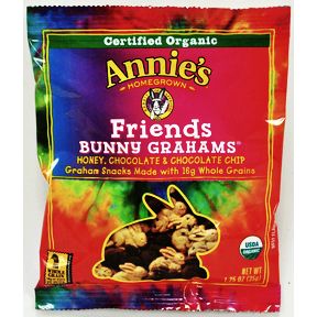 Annie's® Bunny Grahams® Friends F32-3976801-8200-1.25 oz. bag of honey, chocolate & chocolate chip bunny grahams.