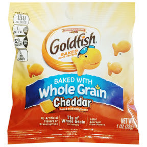 Pepperidge Farm® Goldfish® Baked Crackers Whole Grain Cheddar F40-4230008-9100-1 oz bag. Made with Real Whole Grain.