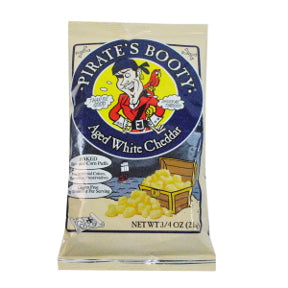 Pirates Booty® White Cheddar Cheese Puffs 0.75 oz F40-4370504-8000-0.75 oz. package. Baked Rice and Corn Puffs. Gluten Free.