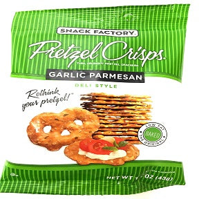 Snack Factory® Pretzel Crisps® Garlic Parmesan F40-4587802-8100 - 1.5 oz. bag of deli style, baked pretzels.