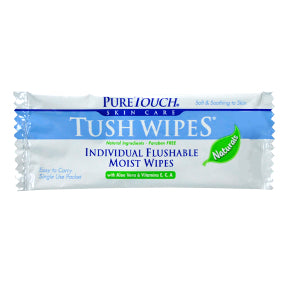 PureTouch® Tush Wipes® Organics J01-0247804-1200 - 1 flushable wipe in individually sealed package. Natural Ingredients. Paraben free. With Aloe Vera & Vitamin E, C, A.