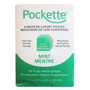 Pockette® European Luxury Tissues Mint J01-0686502-8100 - 10, 4-ply, full-size, travel sized white pocket tissues.