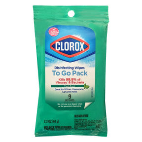 Clorox Disinfecting Wipes To Go Pack (Fresh Scent) J03-0212901-8300 - Pack of 9 disinfecting wet wipes in travel size resealable container. Bleach free.