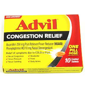 Advil® Congestion Relief - 10 count P01-0110404-8200-10 count package of Advil® Congestion Relief. Relief of symptoms due to COLD or FLU.