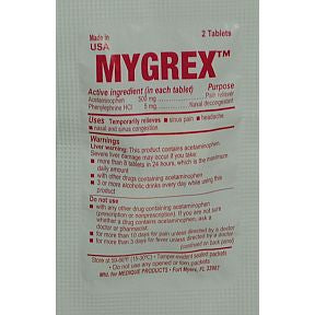 Mygrex Pain reliever- Nasal Decongestant P01-0138902-1000-packet of 2 tablets. 500 Mg/ea.
