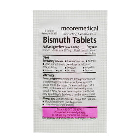 MooreMedical Bismuth Tablets P01-0138903-1000-2 chewable tablets in an individually sealed packet.