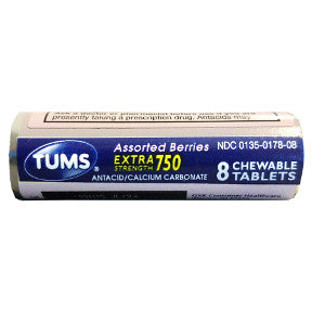 Tums® Extra Strength 750 Assorted Berries P01-0342415-9100-8 chewable antacid tablets per roll. Assorted berry flavors.