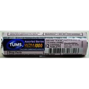 Tums® Ultra Strength 1000 Assorted Berries P01-0342425-9100-12 chewable antacid tablets per roll. Assorted Berry flavors.