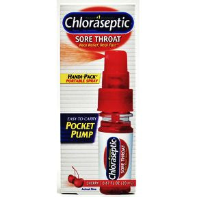 Chloraseptic Sore Throat Spray - Cherry P01-0532901-8200 - 0.67 fl oz travel size plastic pump bottle. Alcohol free. Aspirin free. Sugar free.