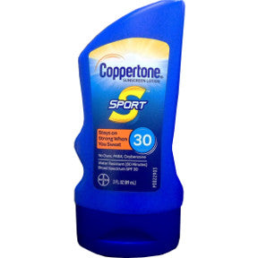 Coppertone® Sport® High Performance SPF30 3 oz P04-0133001-8300-3 oz travel size sunscreen lotion.