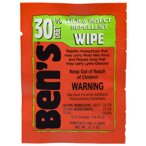 Bens Tick & Insect Repellent Wipes P04-0255801-8000 - 1 travel size tick and insect repellent wipe in individually sealed packet. 30% deet.
