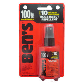 Bens 100 Deet Tick & Insect Repellent Spray P04-0255803-8200 - 1.25 fl oz travel size insect repellent in plastic pump bottle. 98% deet. Up to 10 hours protection.