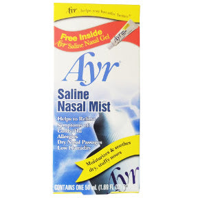 Ayr Saline Nasal Mist P06-0127401-9100 - 1.69 fl oz travel size saline nasal mist in plastic spray bottle, in box. Moisturizes and soothes dry, stuffy noses.