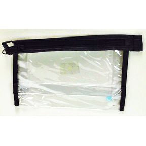 Bag, Vinyl, top zipper, w/hang loop, 7 x 5 x 1.5" - Black S04-0189934-2301-1 clear vinyl bag with black trim and a zipper closure.