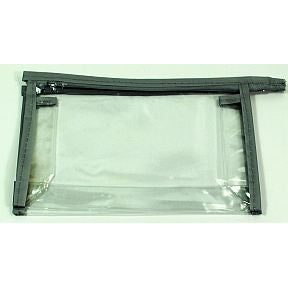 Bag, Vinyl, top zipper, w/hang loop, gray trim, 8 x 5 x 2 S04-0189940-2208-1 clear vinyl with gray trim bag with zipper.