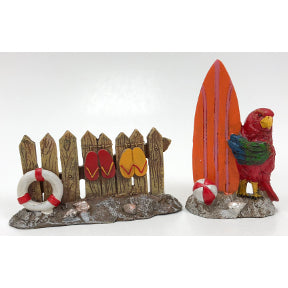 Polyresin Mini World Seaside - Surfboard & Parrot, Fence & Flip Flops (2 pcs), U03-0201232-0022