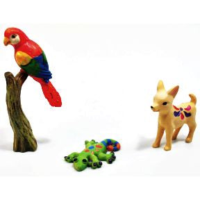Polystone Mini Fiesta Animals (3 pc set) U03-0201232-0393-Set of 3 miniature animals. Dog, Parrot, Lizard