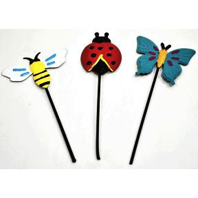 Iron Mini Fairytale Insect Stakes, 3 pc set U03-0204232-0093-Set of 3 mini iron insects on stakes. Lady Bug, Bee, and Butterfly. Garden décor.