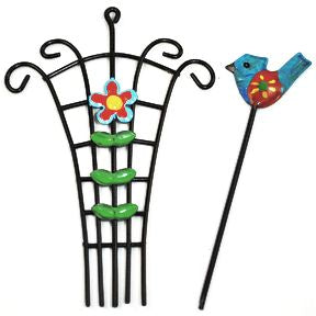 Iron Mini Country Bird & Flower Trellis (2 pc set) U03-0604232-0092-2 pc set of mini trellis and a bird on a stake. Garden décor.