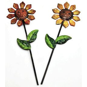 Iron Mini Country Sunflower Stakes, 2 pc set U03-1204232-0492-set of 2 mini iron sunflowers on stakes. Garden décor.