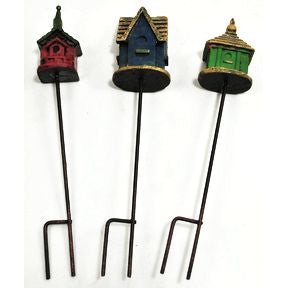 Iron & Polystone Mini Birdhouse Stakes (3 pc set) U03-1211232-0093-3 piece mixed set. Garden décor.