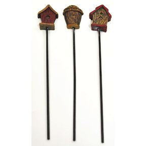 Cement & Iron Mini Birdhouse Stakes (3 pc set) U03-1211232-0193-3 pc set of mini birdhouse stakes. Garden décor.
