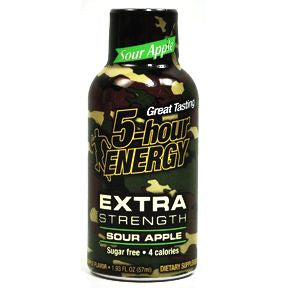 5 Hour Energy® drink dietary supplement Extra Strength - Sour Apple V01-0459500-8200-1.93 fl oz dietary supplement in plastic bottle. Only 4 calories.