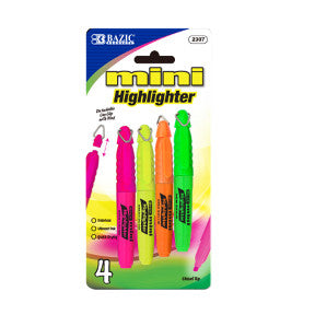 Bazic Mini Fluorescent Highlighter with Cap Clip - 4 Count Y01-0588001-1100